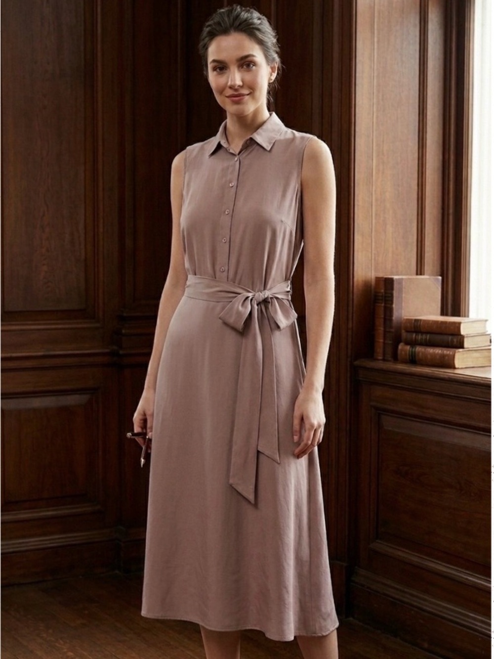 Lilysilk Mulberry Silk Shirtwaist Dress S Collar Belt Minimalist Capsule Mauve - Picture 2 of 14